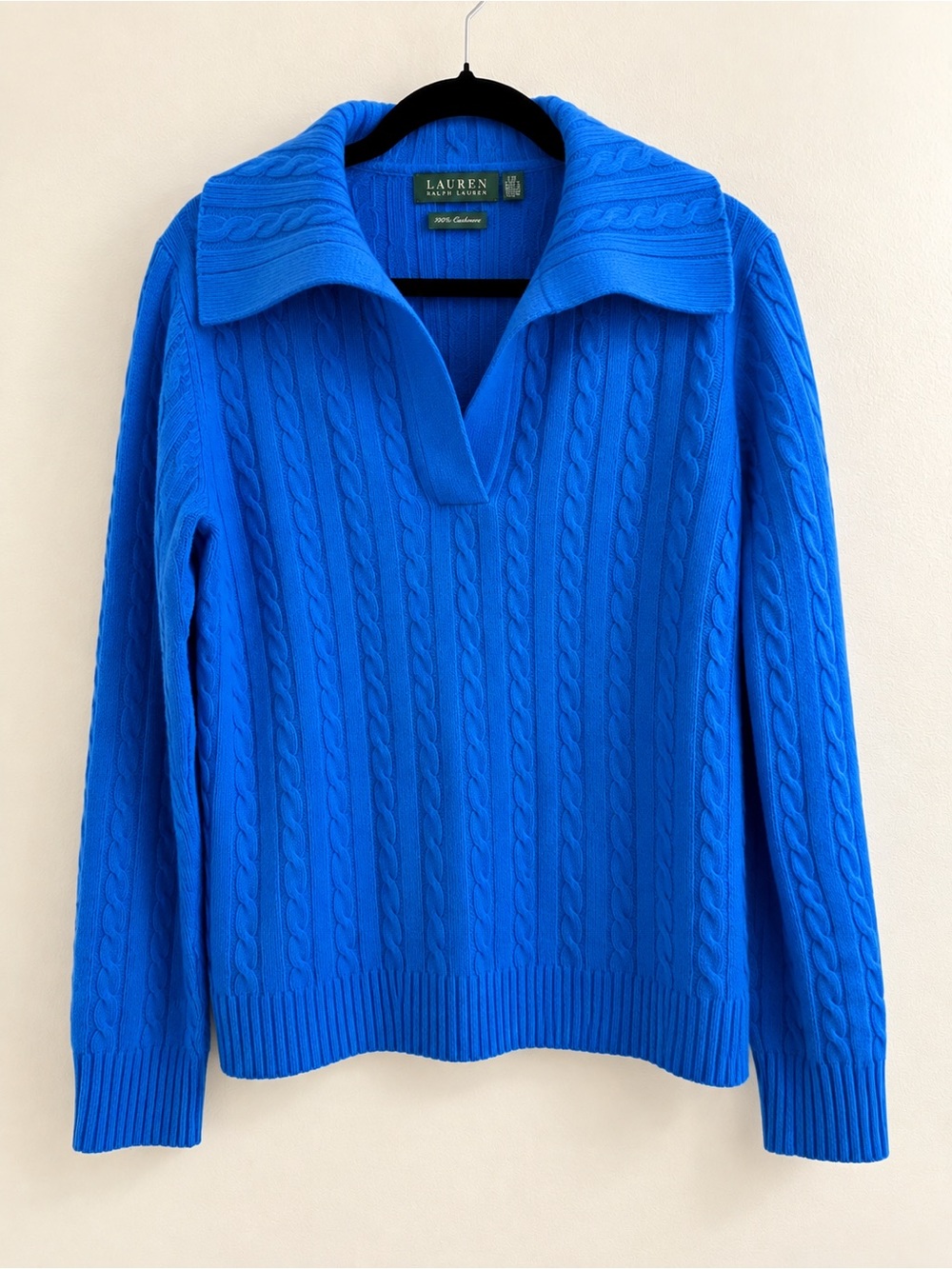 Lauren Ralph Lauren 100% Cashmere Cable Knit Polo Sweater Women’s XL Cobalt Blue